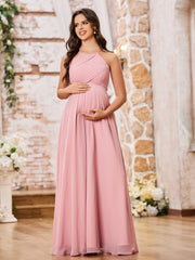 Robe de Demoiselle d'Honneur en Mousseline à Col Licou Longueur au Sol Rose Poudré