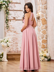 Robe de Demoiselle d'Honneur en Mousseline à Col Licou Longueur au Sol Rose Poudré