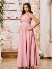 Robe de Demoiselle d'Honneur en Mousseline à Col Licou Longueur au Sol Rose Poudré