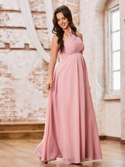 Robe de Demoiselle d'Honneur en Mousseline à Col Licou Longueur au Sol Rose Poudré