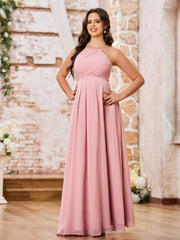 Robe de Demoiselle d'Honneur en Mousseline à Col Licou Longueur au Sol Rose Poudré