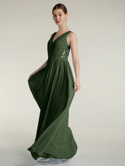 Col En V Mousseline Robes Avec Dentelle Dos Olive Verte Grande Taille