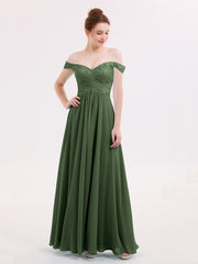Robe avec Hors de l'épaule Mousseline et Dentelle Empire Olive Verte