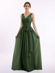 Dentelle Bretelles Longue Mousseline Robes Avec Nœud Ceinture Olive Verte