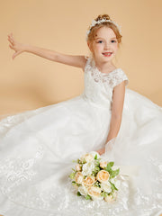Robe de Fille en Tulle et Dentelle Brodée Longueur au Sol
