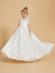 Robe de Fille en Tulle et Dentelle Brodée Longueur au Sol
