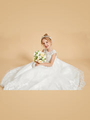 Robe de Fille en Tulle et Dentelle Brodée Longueur au Sol