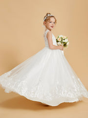 Robe de Fille en Tulle et Dentelle Brodée Longueur au Sol