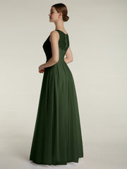 Illusion Col En V Tulle Robes Longues Olive Verte