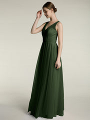 Illusion Col En V Tulle Robes Longues Olive Verte