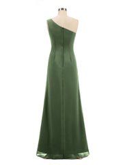 Une Epaule Mousseline Robe avec Jupe Cascade Olive Verte