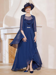 Robe en Mousseline à Col Illusion avec Veste Bleu Marine Grande Taille