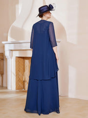 Robe en Mousseline à Col Illusion avec Veste Bleu Marine