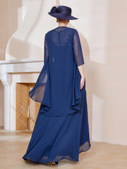 Robe en Mousseline à Col Illusion avec Veste Bleu Marine