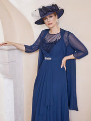 Robe en Mousseline à Col Illusion avec Veste Bleu Marine Grande Taille
