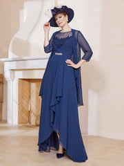 Robe en Mousseline à Col Illusion avec Veste Bleu Marine