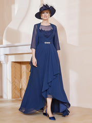 Robe en Mousseline à Col Illusion avec Veste Bleu Marine Grande Taille