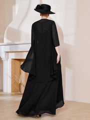 Robe en Mousseline à Col Illusion avec Veste Noir