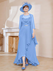 Robe en Mousseline à Col Illusion avec Veste Bleu Grande Taille