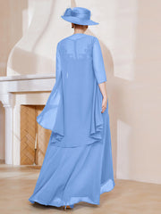 Robe en Mousseline à Col Illusion avec Veste Bleu