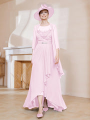 Robe en Mousseline à Col Illusion avec Veste Rose Pâle Grande Taille
