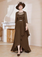 Robe en Mousseline à Col Illusion avec Veste Brun Grande Taille