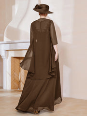 Robe en Mousseline à Col Illusion avec Veste Brun Grande Taille