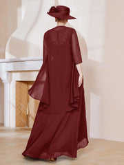 Robe en Mousseline à Col Illusion avec Veste Bordeaux