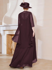 Robe en Mousseline à Col Illusion avec Veste Cabernet Grande Taille
