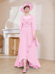Robe en Mousseline à Col Illusion avec Veste Rose Bonbon Grande Taille