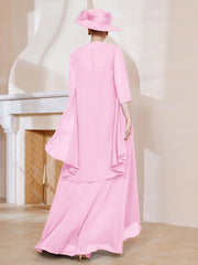 Robe en Mousseline à Col Illusion avec Veste Rose Bonbon Grande Taille