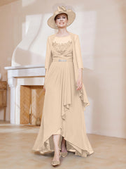 Robe en Mousseline à Col Illusion avec Veste Champagne Grande Taille