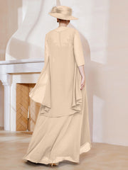 Robe en Mousseline à Col Illusion avec Veste Champagne