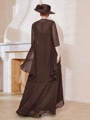 Robe en Mousseline à Col Illusion avec Veste Chocolat