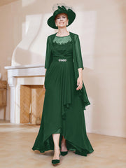 Robe en Mousseline à Col Illusion avec Veste Vert Foncé Grande Taille