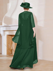 Robe en Mousseline à Col Illusion avec Veste Vert Foncé