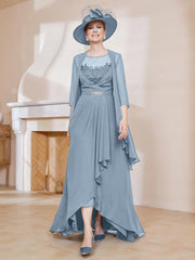 Robe en Mousseline à Col Illusion avec Veste Bleu Poudré