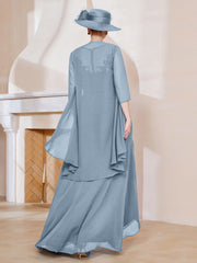 Robe en Mousseline à Col Illusion avec Veste Bleu Poudré