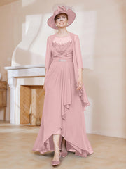 Robe en Mousseline à Col Illusion avec Veste Rose Poudré Grande Taille
