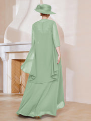 Robe en Mousseline à Col Illusion avec Veste Sauge Poudrée Grande Taille