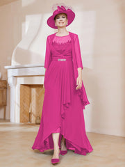 Robe en Mousseline à Col Illusion avec Veste Fuchsia