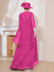 Robe en Mousseline à Col Illusion avec Veste Fuchsia Grande Taille