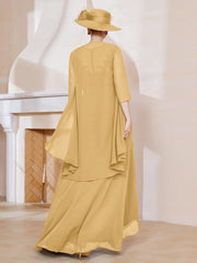 Robe en Mousseline à Col Illusion avec Veste Or Grande Taille
