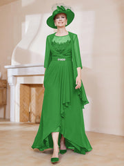 Robe en Mousseline à Col Illusion avec Veste Vert