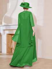Robe en Mousseline à Col Illusion avec Veste Vert Grande Taille