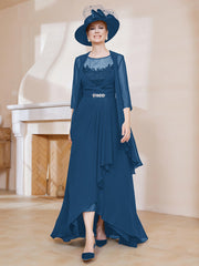 Robe en Mousseline à Col Illusion avec Veste Bleu Encre