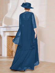 Robe en Mousseline à Col Illusion avec Veste Bleu Encre