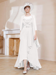 Robe en Mousseline à Col Illusion avec Veste Ivoire Grande Taille