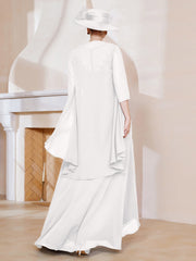 Robe en Mousseline à Col Illusion avec Veste Ivoire Grande Taille