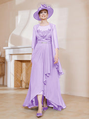 Robe en Mousseline à Col Illusion avec Veste Lilas Grande Taille